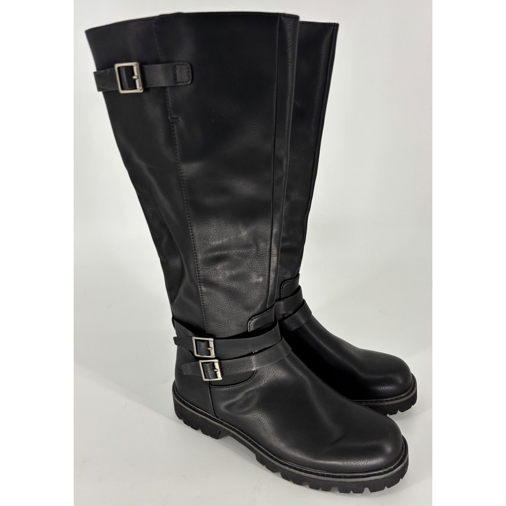 Korks Fay Tall Boots Black Women Size 7 Buckle Round Toe Side Zipper Lug Sole